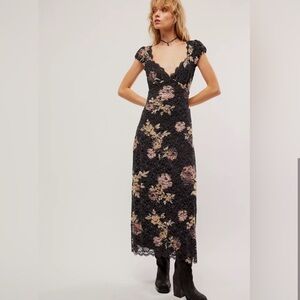 Free People Black Floral Lace Maxi Dress with Pink & Cream Embroidery